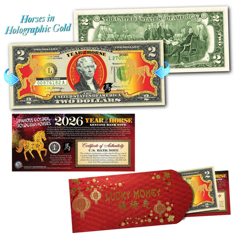 2026 Chinese New Year - YEAR OF THE HORSE - Gold Hologram Legal Tender U.S. $2 BILL with Red Envelope