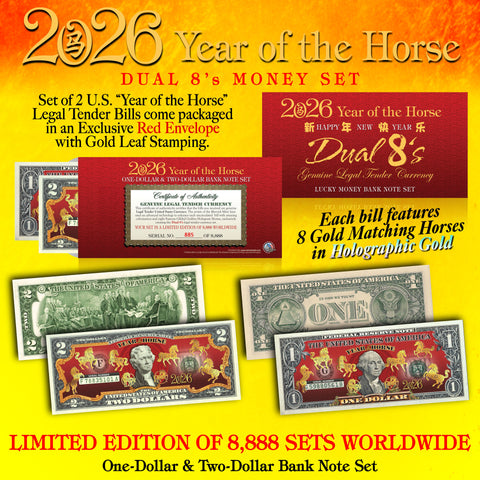 2026 YEAR OF THE HORSE $1 & $2 Lunar New Year Set - DUAL 8’s GOLD HORSES in Red Envelope Ltd. 8,888 Sets