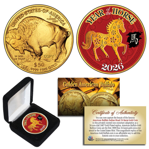 2026 Chinese New Year YEAR OF THE HORSE 24K Gold Plated $50 American Buffalo Indian Tribute Coin w/BOX