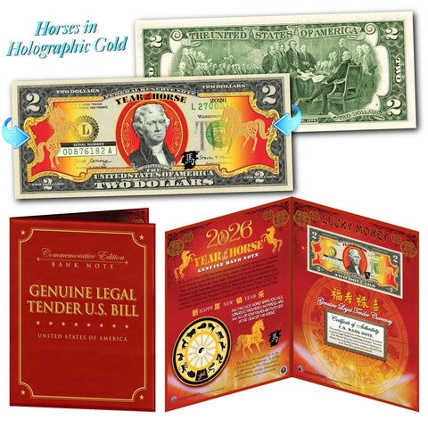 2026 Chinese New Year - YEAR OF THE HORSE - Gold Hologram Legal Tender U.S. $2 BILL in Large Collectors Folio Display