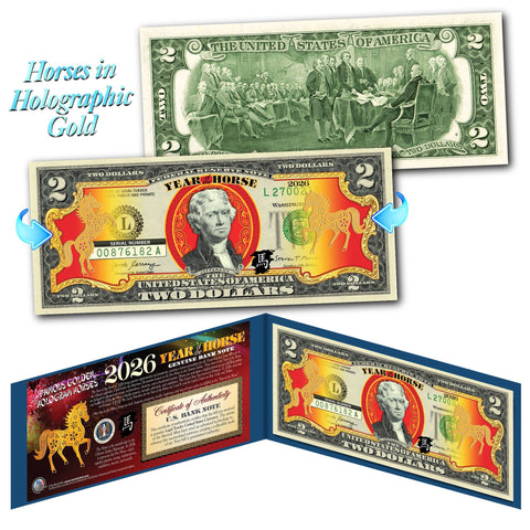 2026 Chinese New Year - YEAR OF THE HORSE - Gold Hologram Legal Tender U.S. $2 BILL with Blue Folio