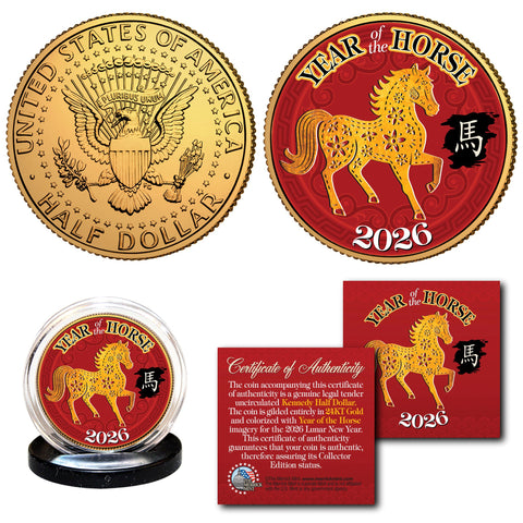 2026 Chinese New Year * YEAR OF THE HORSE * 24K Gold Plated JFK Kennedy Half Dollar Coin
