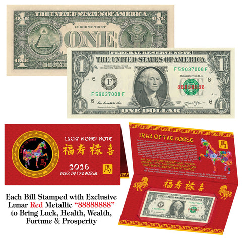 2026 Chinese YEAR of the HORSE Red Metallic Stamp Lucky 8 Genuine $1 Bill w/Folder