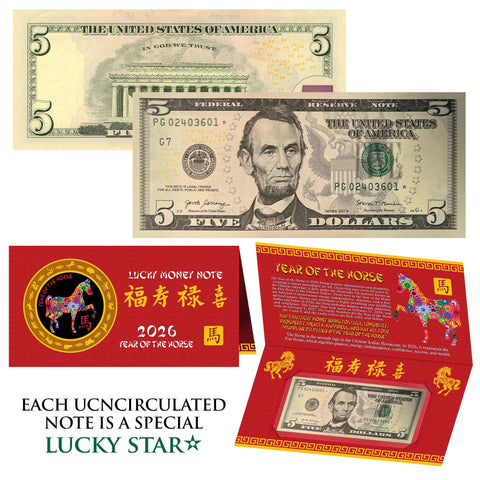 2026 CNY Chinese YEAR of the HORSE Lucky Money STAR NOTE U.S. $5 Bill w/ Red Folder