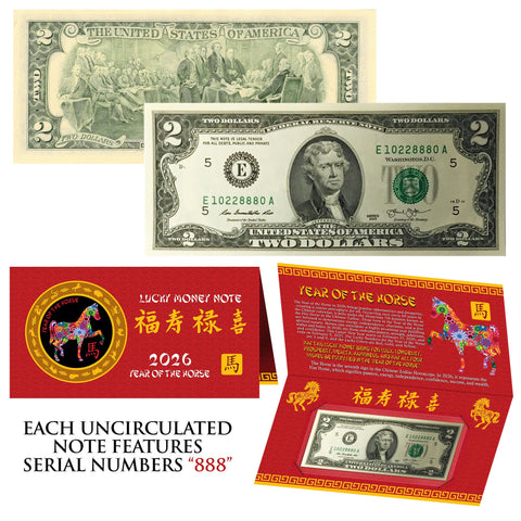 2026 CNY Chinese YEAR of the HORSE Lucky Money S/N 888 U.S. $2 Bill w/ Red Folder