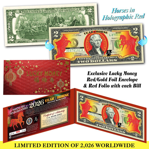 2026 Chinese New Year - YEAR OF THE HORSE - Red Hologram U.S. $2 BILL Red Envelope Ltd. & # of 2,026