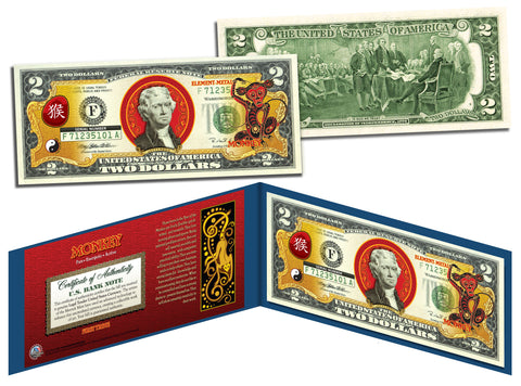 Chinese Zodiac YEAR OF THE MONKEY Genuine U.S. Legal Tender $2 Bill Currency