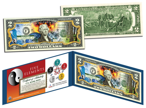 Chinese FIVE ELEMENTS Colorized $2 Bill U.S. Legal Tender Currency - Wu Xing - Yin Yang