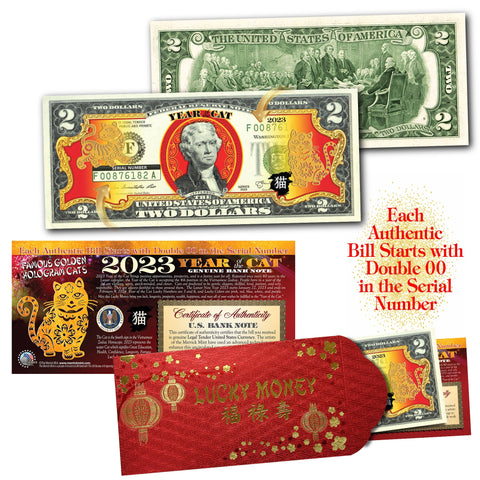 2023 Vietnamese Lunar New Year - YEAR OF THE CAT - Gold Hologram Legal Tender U.S. $2 BILL with Red Envelope