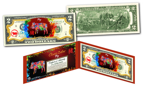 Chinese ZODIAC Genuine U.S. $2 Bill Red Polychrome Blast * YEAR of the PIG *