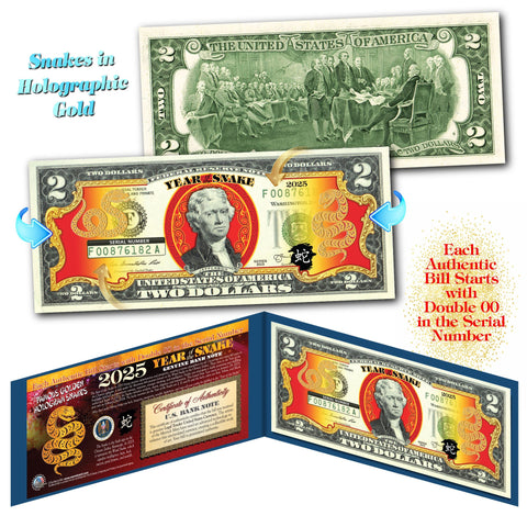 2025 Chinese New Year - YEAR OF THE SNAKE - Gold Hologram Legal Tender U.S. $2 BILL with Blue Folio