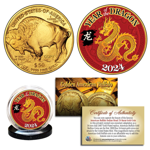 2024 Chinese New Year YEAR OF THE DRAGON 24K Gold Plated $50 American Buffalo Indian Tribute Coin