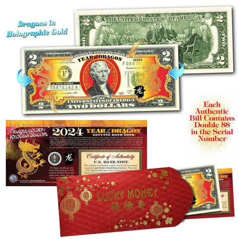 2024 Chinese New Year - YEAR OF THE DRAGON - Gold Hologram Legal Tender U.S. $2 BILL with Red Envelope