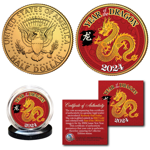 2024 Chinese New Year * YEAR OF THE DRAGON * 24K Gold Plated JFK Kennedy Half Dollar Coin