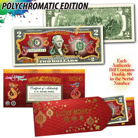 2024 Chinese New Year * YEAR OF THE DRAGON * POLYCHROMATIC 8 COLORIZED DRAGONS U.S. $2 BILL Red Envelope