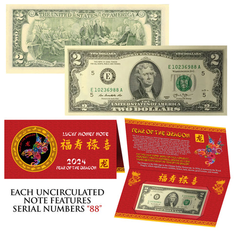 2024 CNY Chinese YEAR of the DRAGON Lucky Money S/N 88 U.S. $2 Bill w/ Red Folder