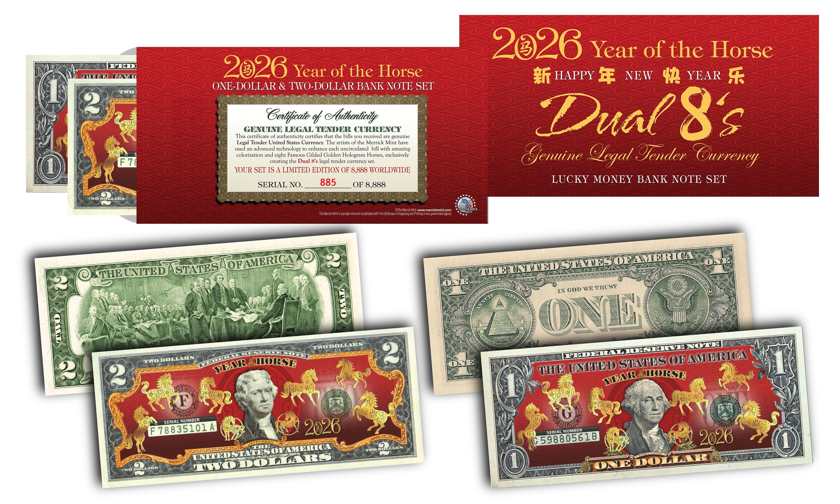 thumbnail image 2 of 2026 Lunar New Year Of The Horse Lucky $2 Bill – Uncirculated, Dual Gift Packaging 2 of 2
