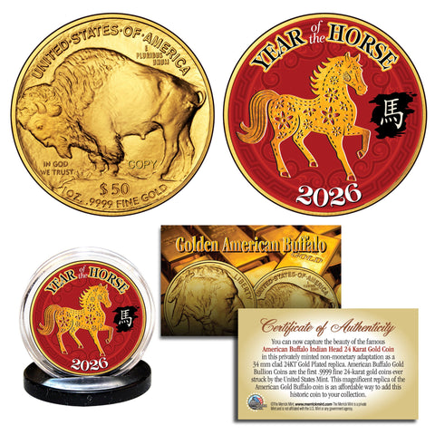 2026 Chinese New Year YEAR OF THE HORSE 24K Gold Plated $50 American Buffalo Indian Tribute Coin