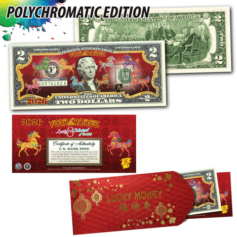 2026 Chinese New Year * YEAR OF THE HORSE * POLYCHROMATIC 8 COLORIZED HORSES U.S. $2 BILL Red Envelope