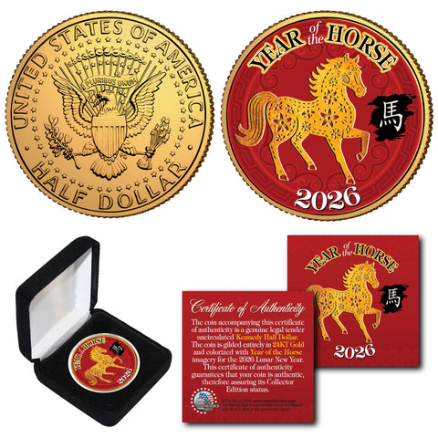 2026 Chinese New Year * YEAR OF THE HORSE * 24K Gold Plated JFK Kennedy Half Dollar Coin with DELUXE BOX