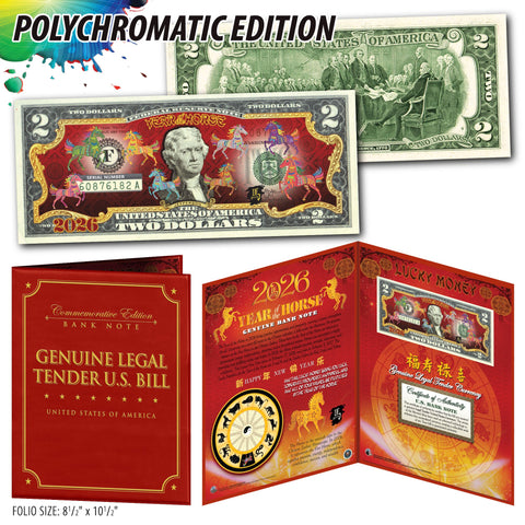 2026 Chinese New Year * YEAR OF THE HORSE * POLYCHROMATIC 8 COLORIZED HORSES U.S. $2 BILL in Large Collectors Folio Display
