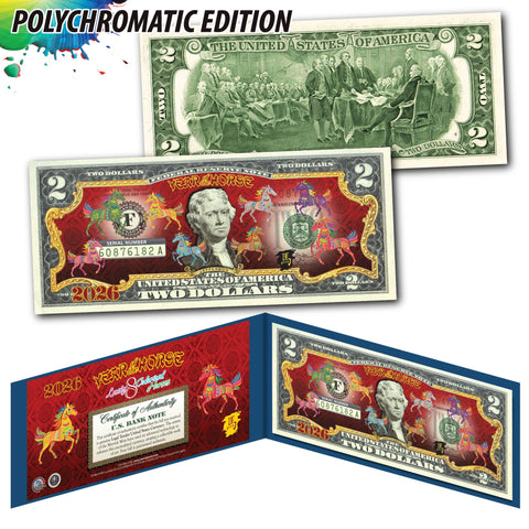 2026 Chinese New Year * YEAR OF THE HORSE * POLYCHROMATIC 8 COLOR HORSES Genuine US $2 BILL Blue Folio