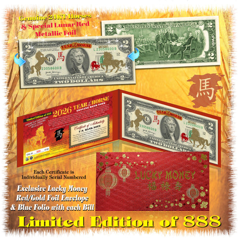 24KT GOLD 2026 Chinese New Year - YEAR OF THE HORSE - Legal Tender U.S. $2 BILL Ltd & Numbered of 888