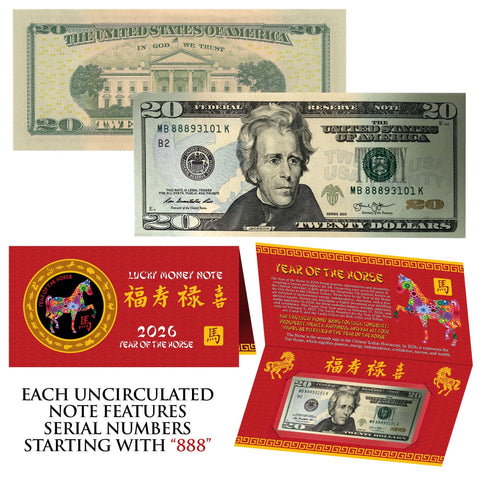 2026 CNY Chinese YEAR of the HORSE Lucky Money S/N 888 U.S. $20 Bill w/ Red Folder