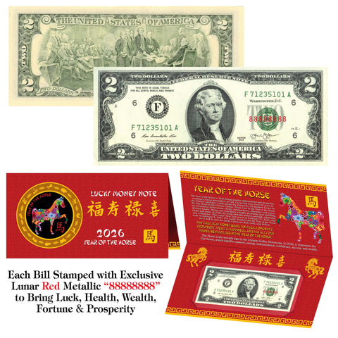 2026 Chinese YEAR of the HORSE Red Metallic Stamp Lucky 8 Genuine $2 Bill w/Folder