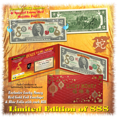 24KT GOLD 2025 Chinese New Year - YEAR OF THE SNAKE - Legal Tender U.S. $2 BILL Ltd & Numbered of 888