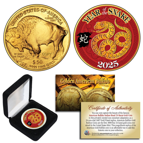 2025 Chinese New Year YEAR OF THE SNAKE 24K Gold Plated $50 American Buffalo Indian Tribute Coin w/BOX