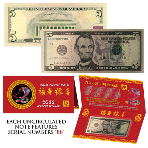 2025 CNY Chinese YEAR of the SNAKE Lucky Money S/N 88 U.S. $5 Bill w/ Red Folder