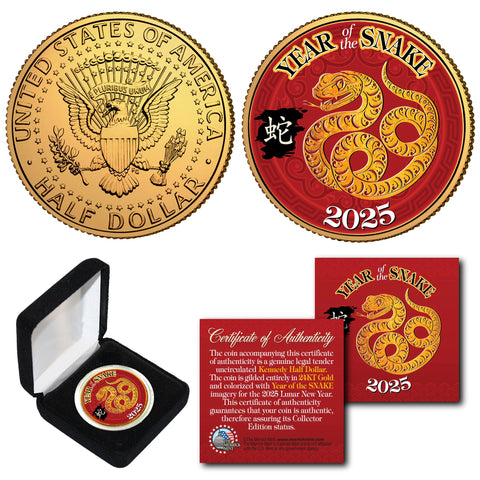 2025 Chinese New Year * YEAR OF THE SNAKE * 24K Gold Plated JFK Kennedy Half Dollar Coin with DELUXE BOX