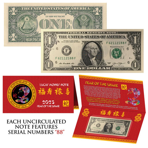 2025 CNY Chinese YEAR of the SNAKE Lucky Money S/N 88 U.S. $1 Bill w/ Red Folder