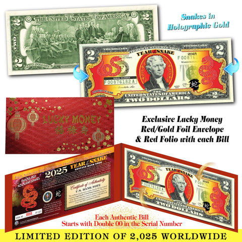 2025 Chinese New Year - YEAR OF THE SNAKE - Red Hologram U.S. $2 BILL Red Envelope Ltd. & # of 2,025