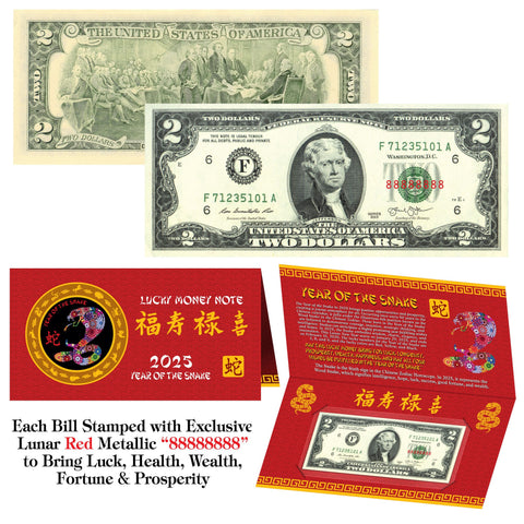 2025 Chinese YEAR of the SNAKE Red Metallic Stamp Lucky 8 Genuine $2 Bill w/Folder