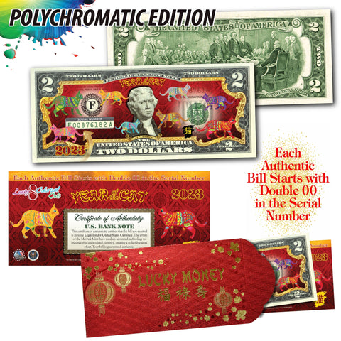 2023 Vietnamese Lunar New Year * YEAR OF THE CAT * POLYCHROMATIC 8 COLORIZED CATS U.S. $2 BILL Red Envelope