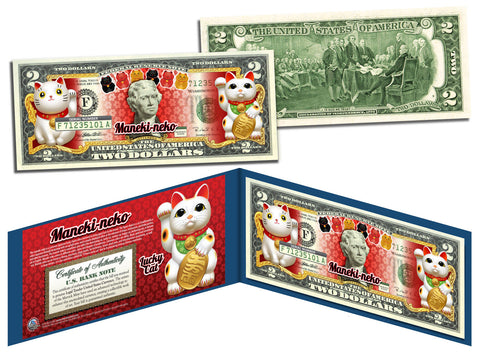MANEKI NEKO LUCKY CAT Genuine Legal Tender U.S. $2 Bill Lucky Money Maneki-neko
