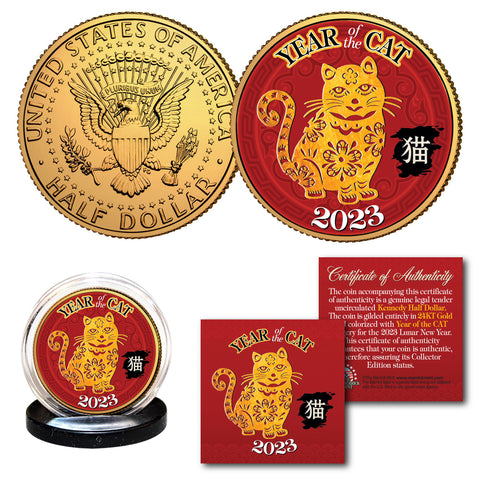 2023 Vietnamese Lunar New Year * YEAR OF THE CAT * 24K Gold Plated JFK Kennedy Half Dollar Coin