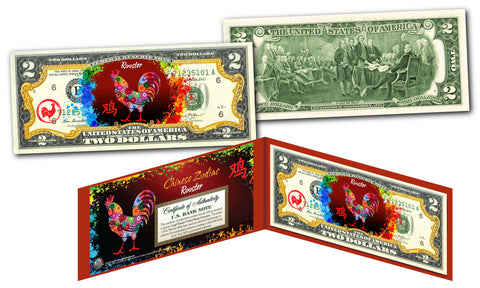 Chinese ZODIAC Genuine U.S. $2 Bill Red Polychrome Blast * YEAR of the ROOSTER *
