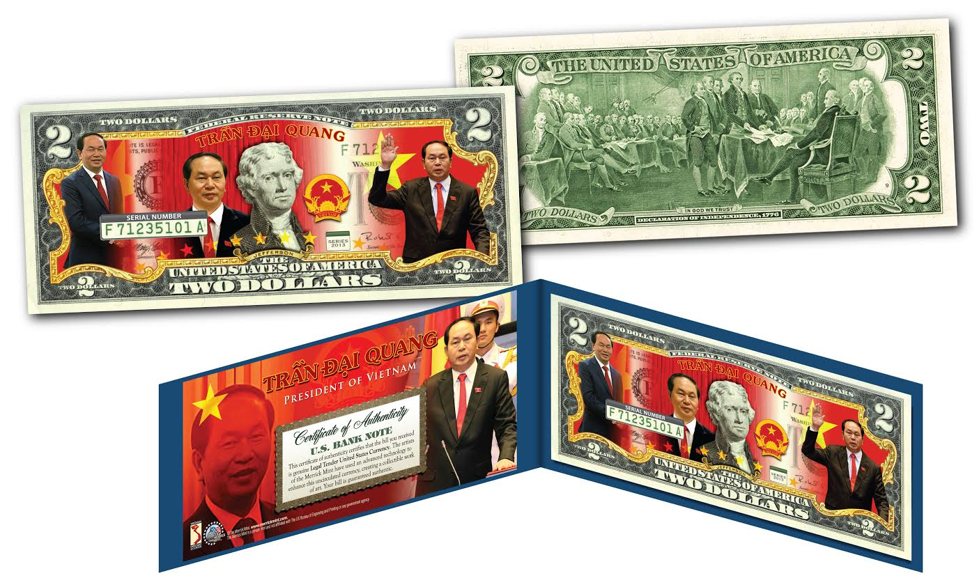 Set Of 3 Colorful Holiday $2 Bill Gift Sets – Uncirculated 2017 U.S. Currency For Christmas, Valentine's, Easter